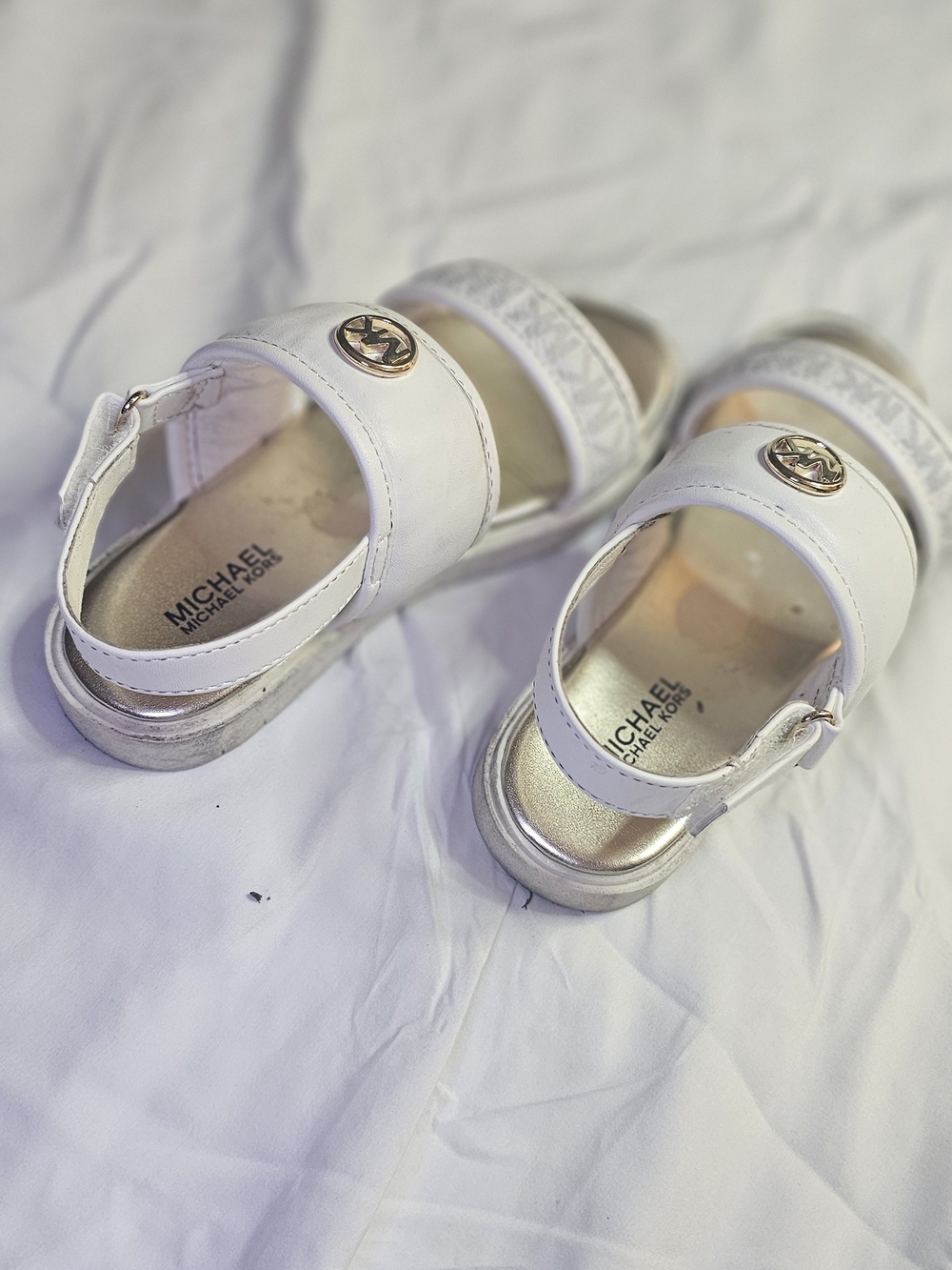 MICHAEL Michael Kors White Girls' Logo Strap Sandals with Gold Accent